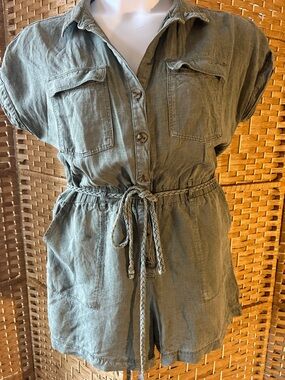 Nicole Miller Linen Blend Utility Romper Olive Green Belted Size Large